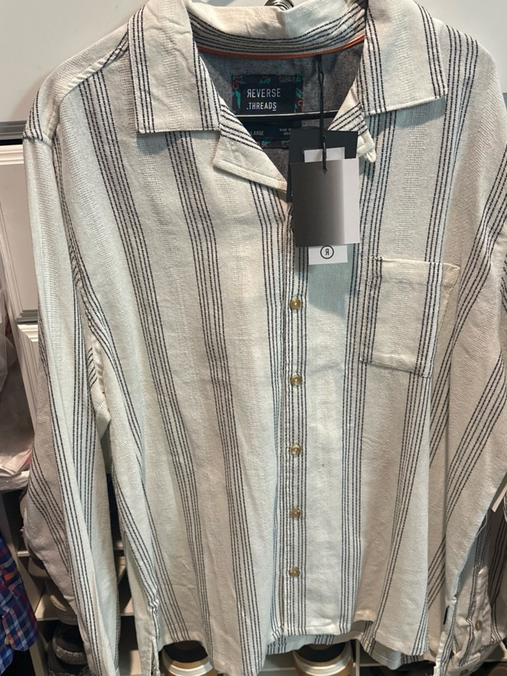 Reverse Cream and Black Vertical-Strip Button-Down Shirt